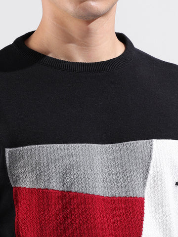 Men's Black Slim Fit Textured Flat Knit Crew Neck T-Shirt