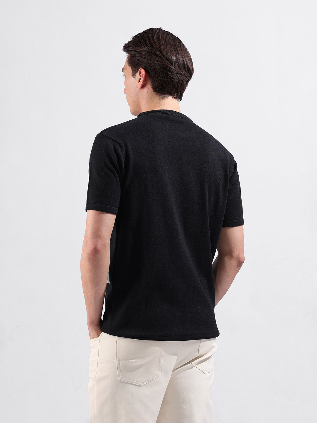 Men's Black Slim Fit Textured Flat Knit Crew Neck T-Shirt