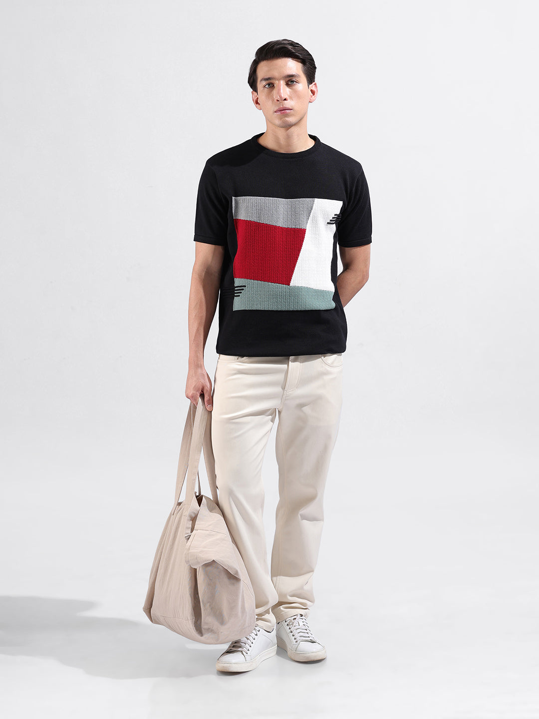 Men's Black Slim Fit Textured Flat Knit Crew Neck T-Shirt