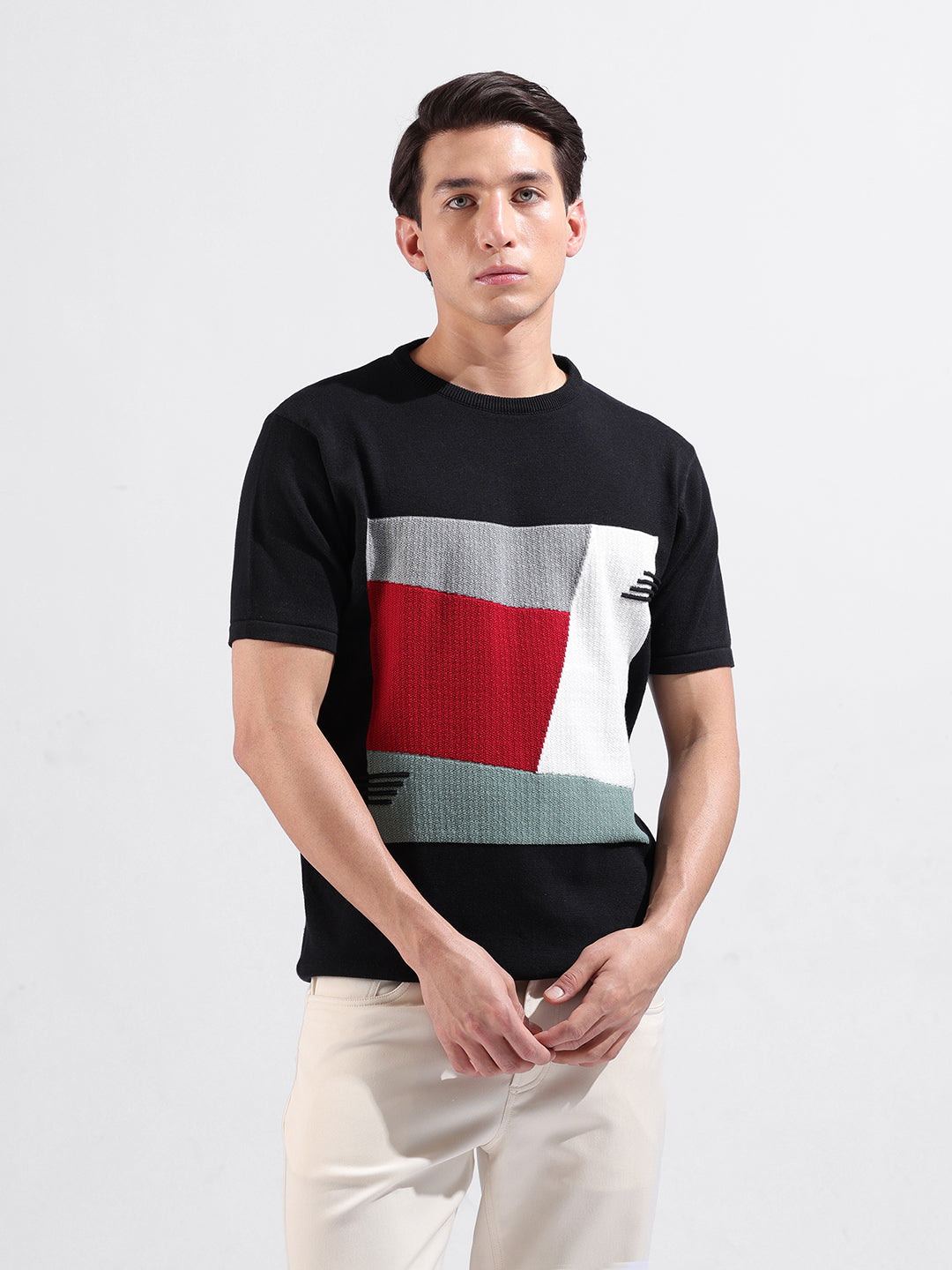 Men's Black Slim Fit Textured Flat Knit Crew Neck T-Shirt