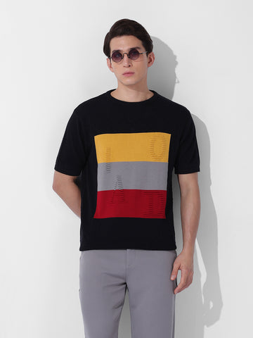 Men's Black Slim Fit Textured Flat Knit Polo Collar T-Shirt