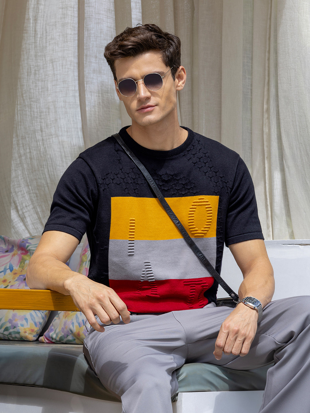 Men's Black Slim Fit Textured Flat Knit Polo Collar T-Shirt