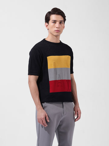 Men's Black Slim Fit Textured Flat Knit Polo Collar T-Shirt