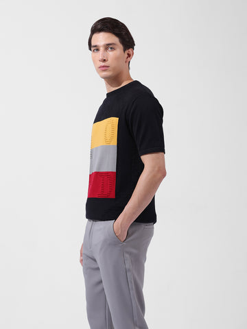 Men's Black Slim Fit Textured Flat Knit Polo Collar T-Shirt