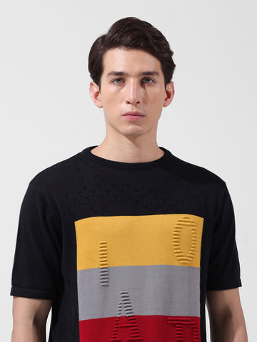 Men's Black Slim Fit Textured Flat Knit Polo Collar T-Shirt