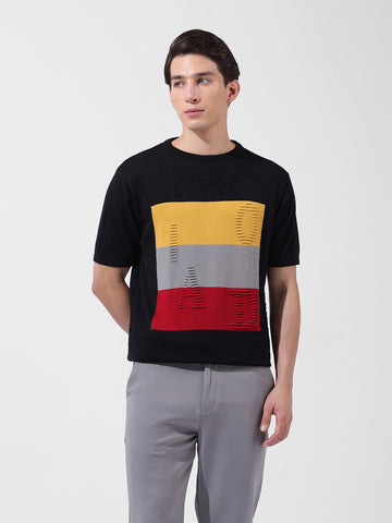 Men's Black Slim Fit Textured Flat Knit Polo Collar T-Shirt