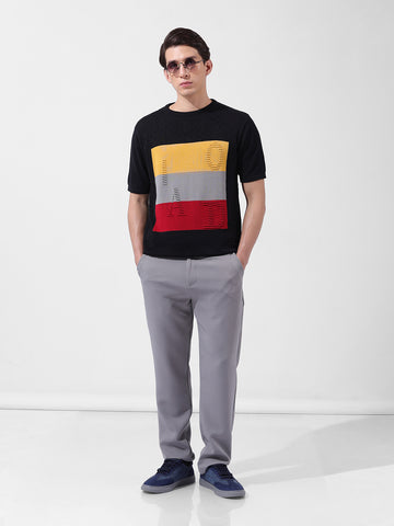 Men's Black Slim Fit Textured Flat Knit Polo Collar T-Shirt