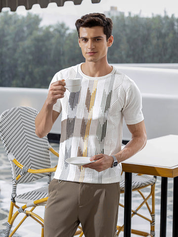 Men's Cream Slim Fit Colourblocked Flat Knit Crew Neck T-Shirt