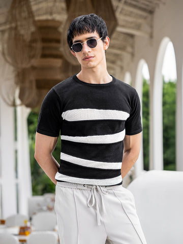 Men's Black Slim Fit Colourblocked Flat Knit Crew Neck T-Shirt