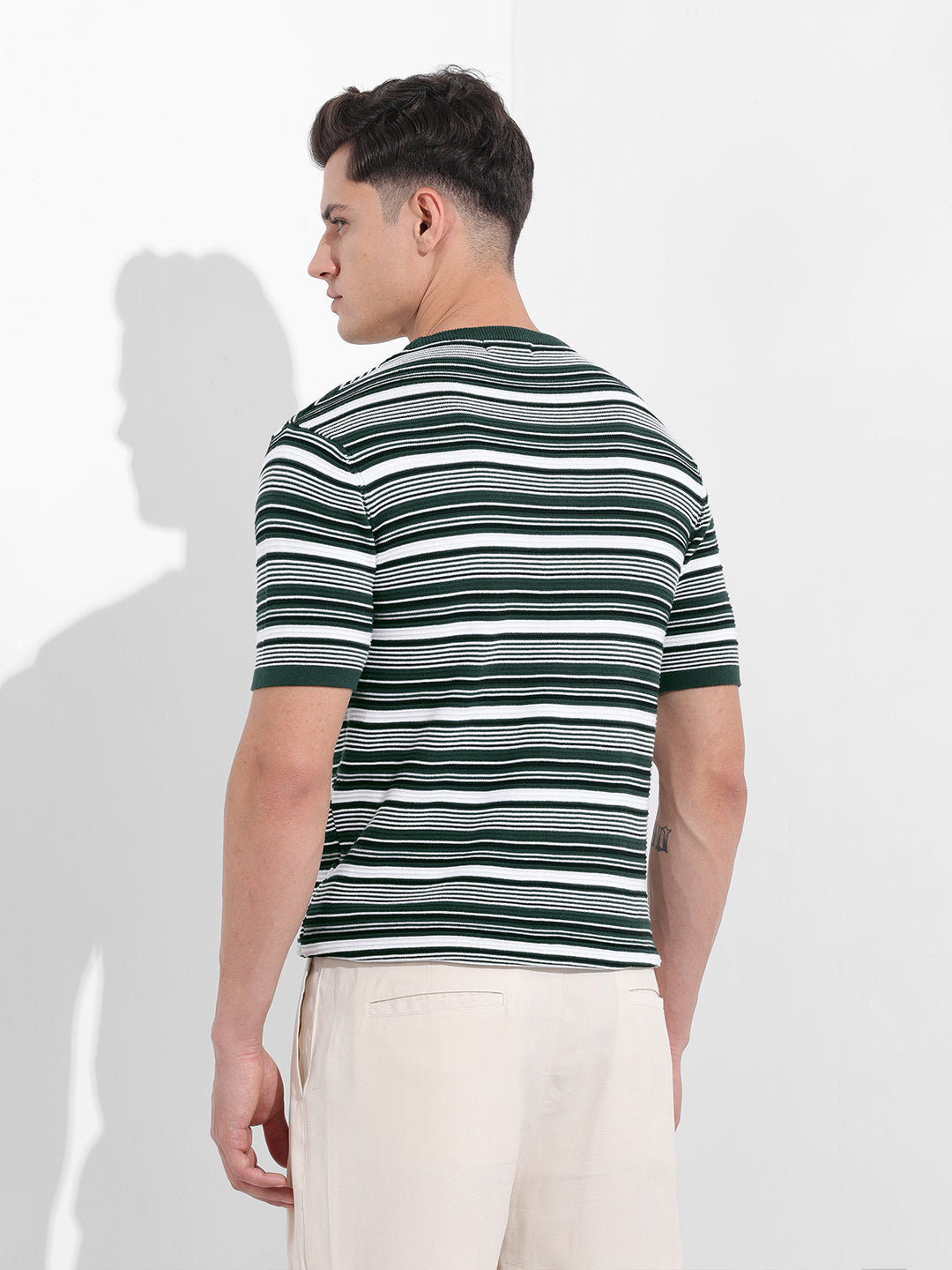 Men's Bottle Green Slim Fit Textured Flat Knit T-Shirt