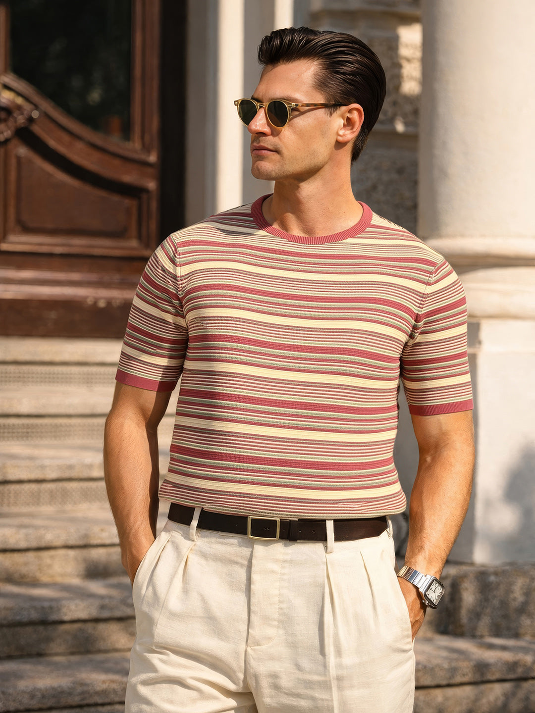 Men's Rust Slim Fit Textured Flat Knit T-Shirt