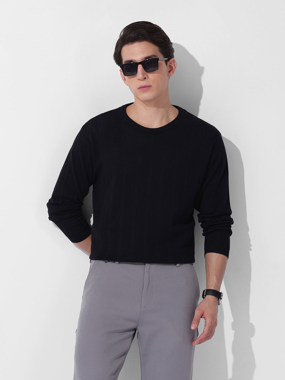 Men's Black Slim Fit Textured Flat Knit Polo Collar T-Shirt