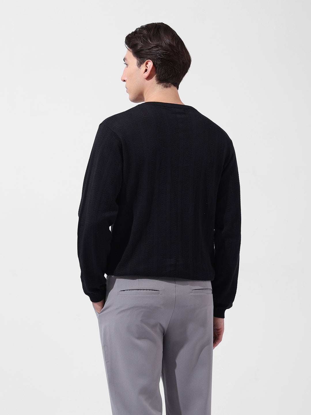 Men's Black Slim Fit Textured Flat Knit Polo Collar T-Shirt