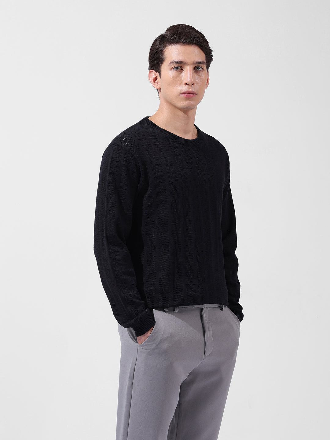 Men's Black Slim Fit Textured Flat Knit Polo Collar T-Shirt