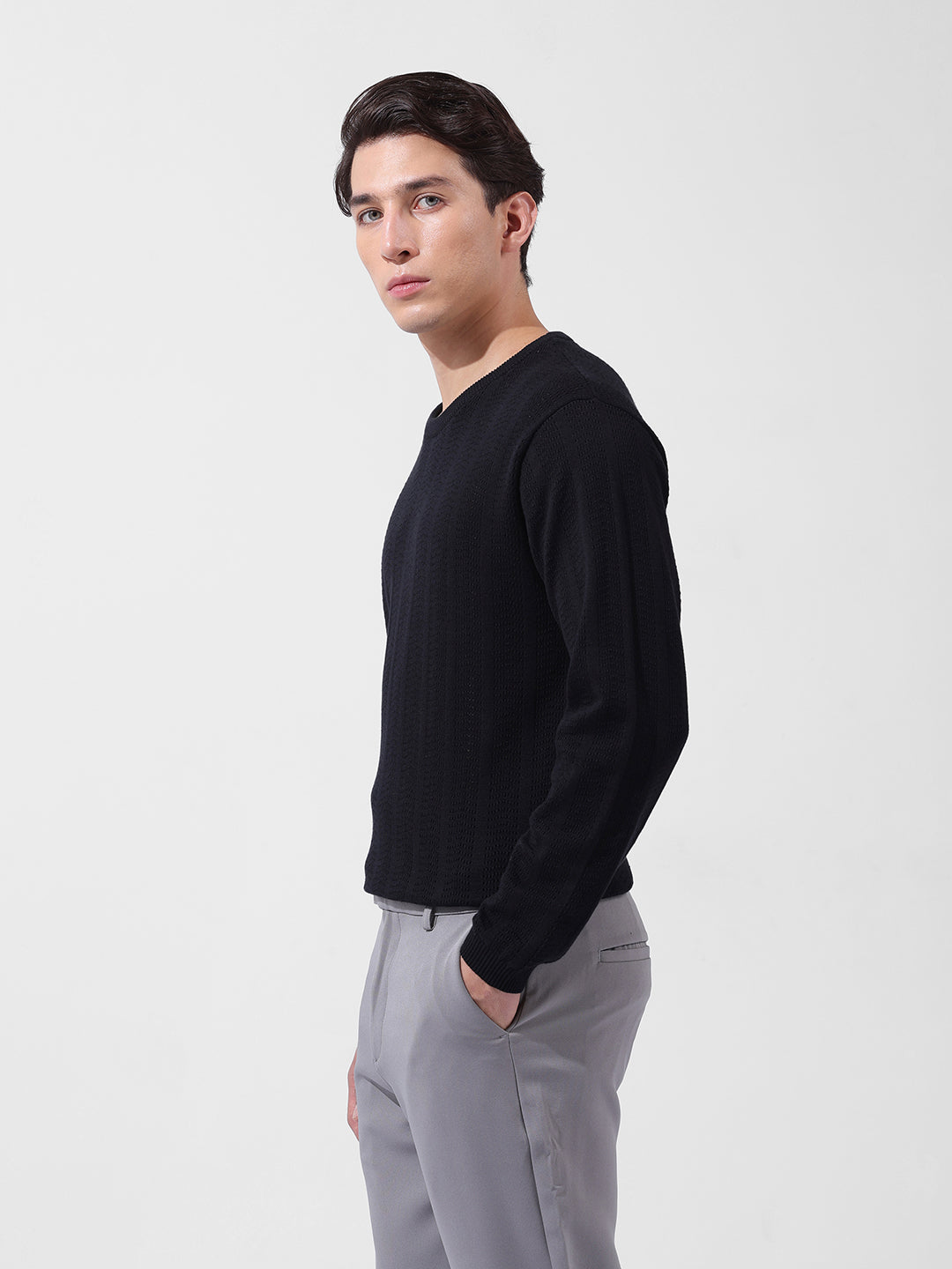 Men's Black Slim Fit Textured Flat Knit Polo Collar T-Shirt