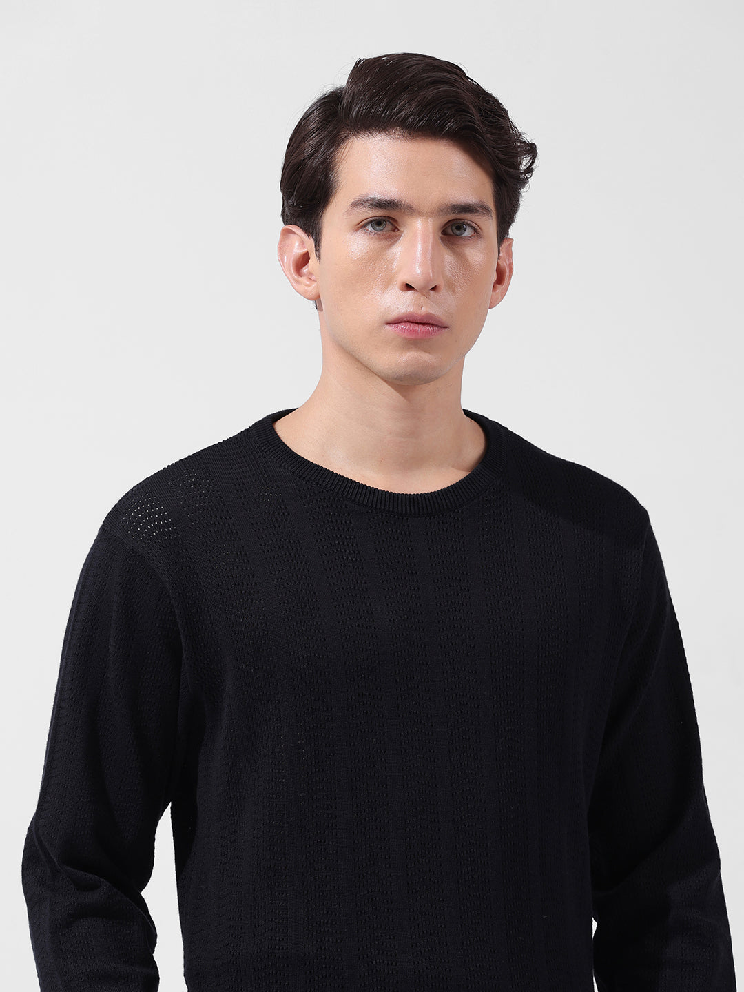 Men's Black Slim Fit Textured Flat Knit Polo Collar T-Shirt