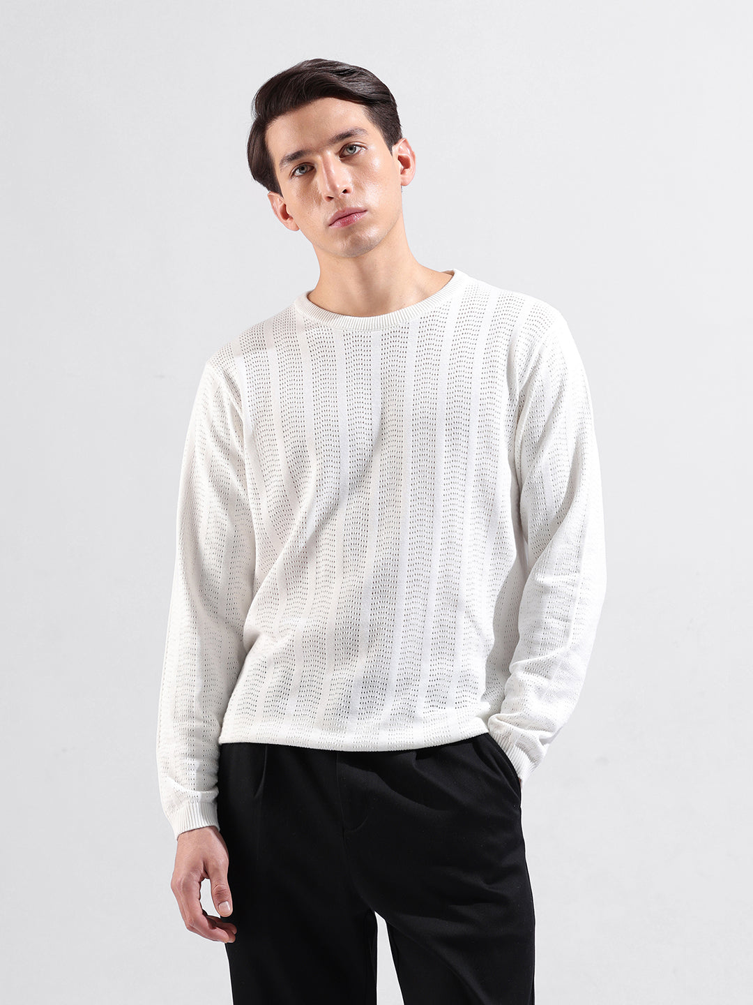 Men's White Slim Fit Textured Flat Knit Crew Neck T-Shirt