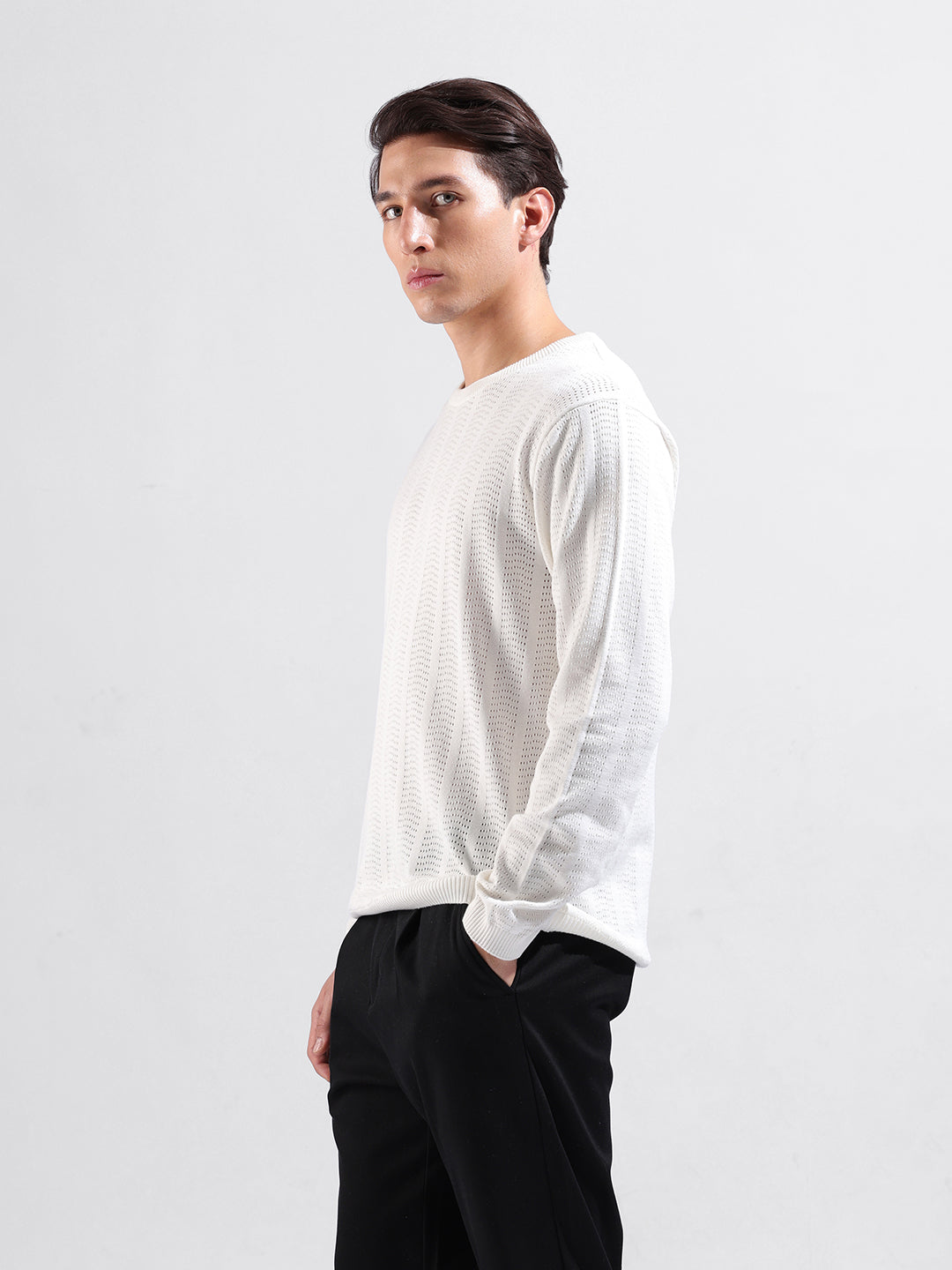 Men's White Slim Fit Textured Flat Knit Crew Neck T-Shirt