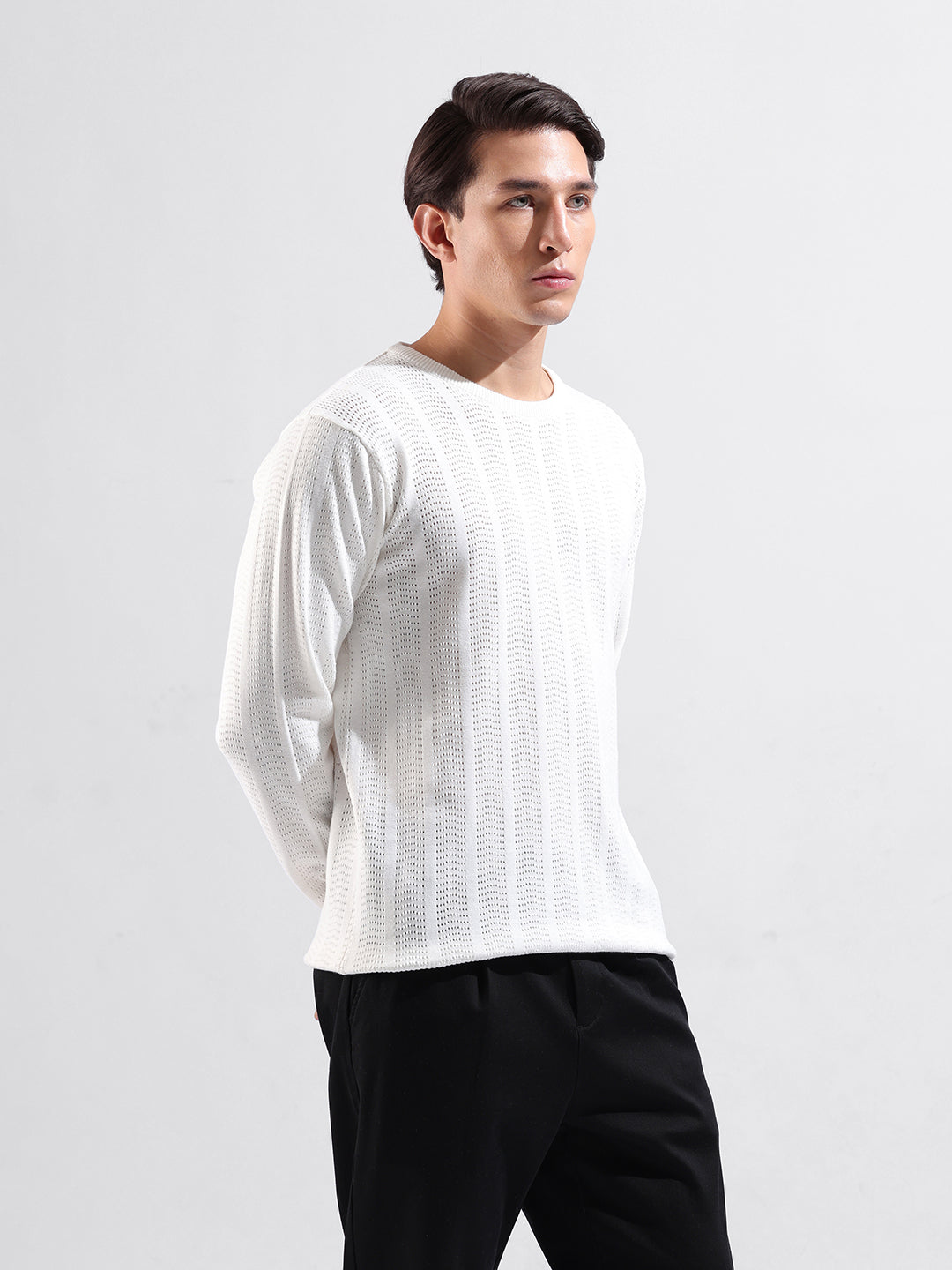 Men's White Slim Fit Textured Flat Knit Crew Neck T-Shirt
