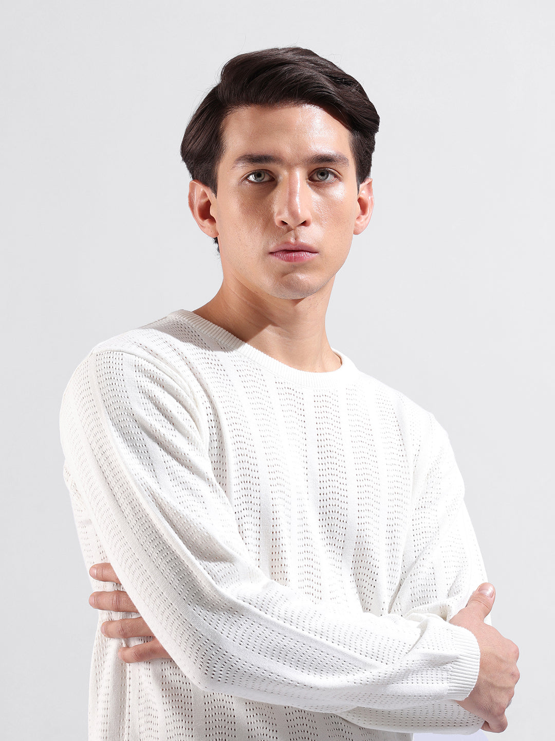 Men's White Slim Fit Textured Flat Knit Crew Neck T-Shirt