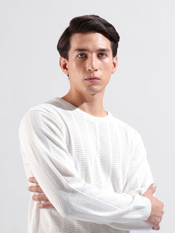 Men's White Slim Fit Textured Flat Knit Crew Neck T-Shirt