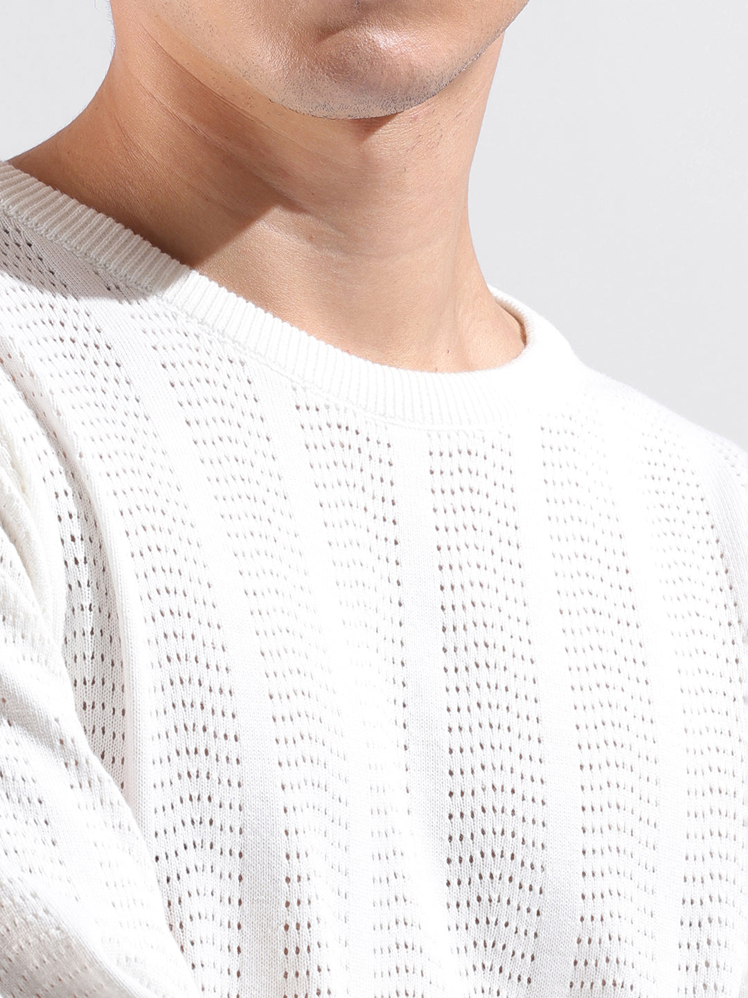 Men's White Slim Fit Textured Flat Knit Crew Neck T-Shirt