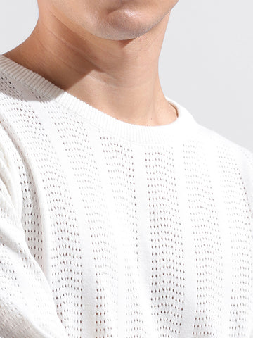 Men's White Slim Fit Textured Flat Knit Crew Neck T-Shirt