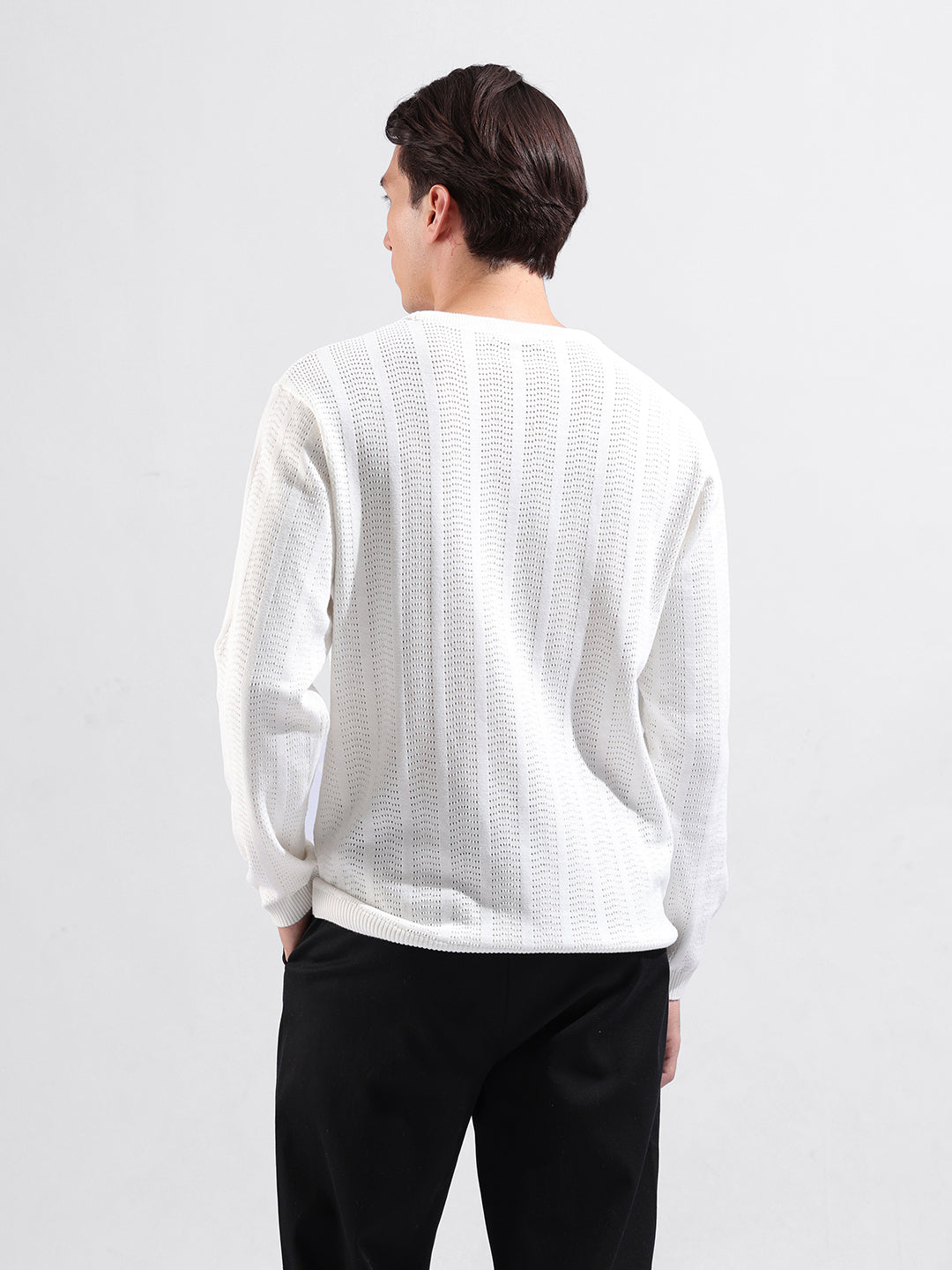 Men's White Slim Fit Textured Flat Knit Crew Neck T-Shirt