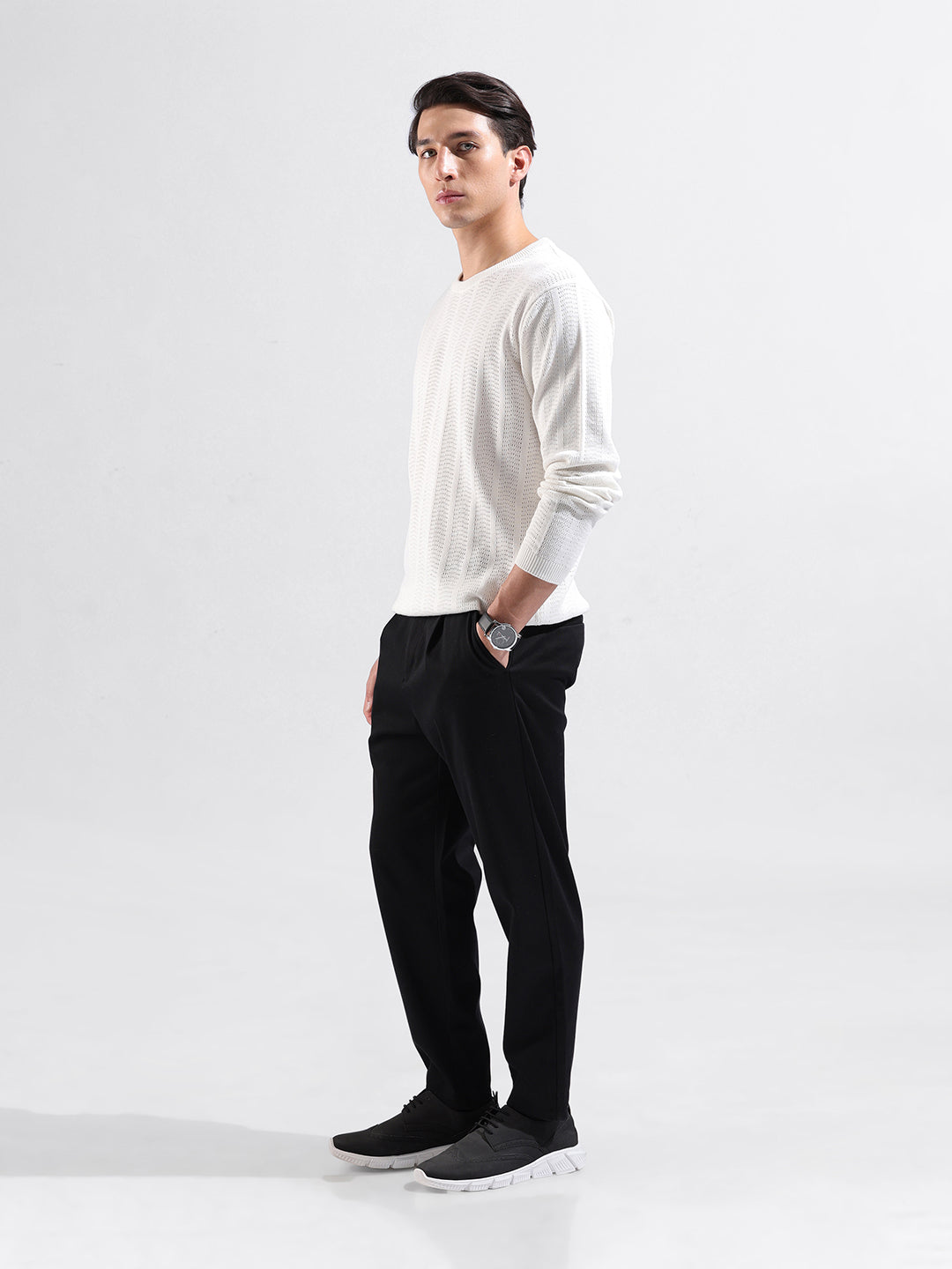 Men's White Slim Fit Textured Flat Knit Crew Neck T-Shirt