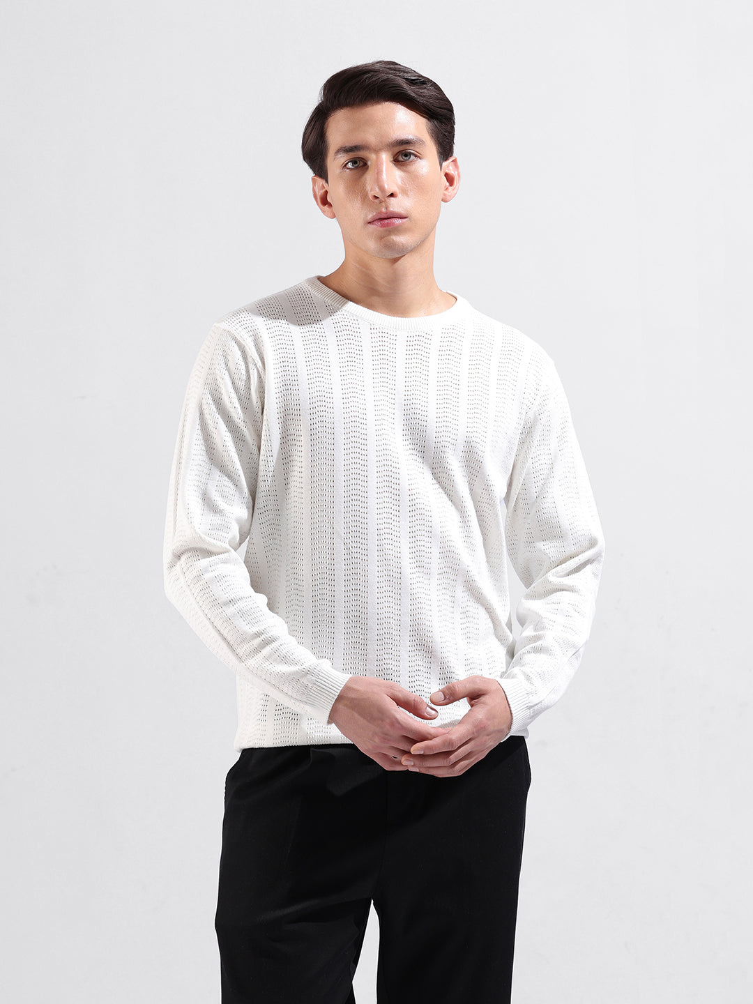 Men's White Slim Fit Textured Flat Knit Crew Neck T-Shirt