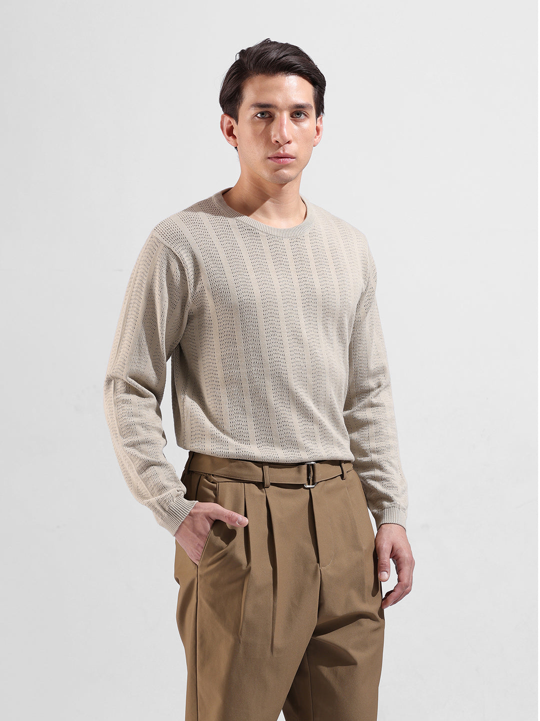 Men's Beige Slim Fit Striped Flat Knit Crew Neck T-Shirt