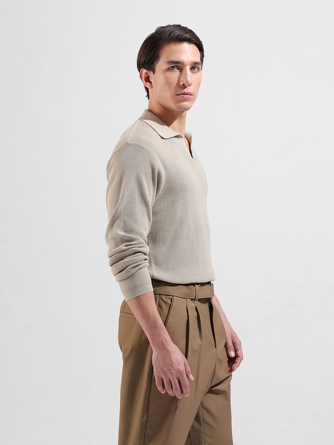 Men's Beige Slim Fit Striped Flat Knit Crew Neck T-Shirt