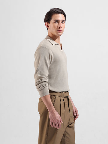 Men's Beige Slim Fit Striped Flat Knit Crew Neck T-Shirt