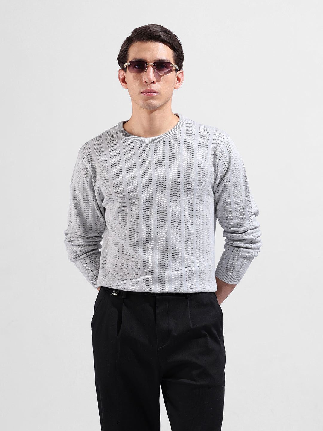 Men's Grey Slim Fit Textured Flat Knit Crew Neck T-Shirt