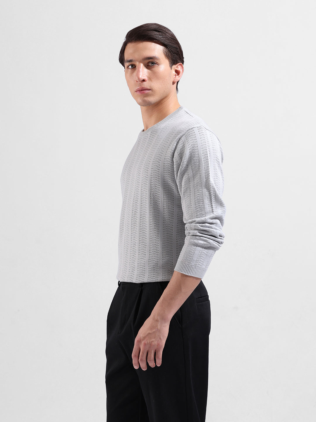 Men's Grey Slim Fit Textured Flat Knit Crew Neck T-Shirt