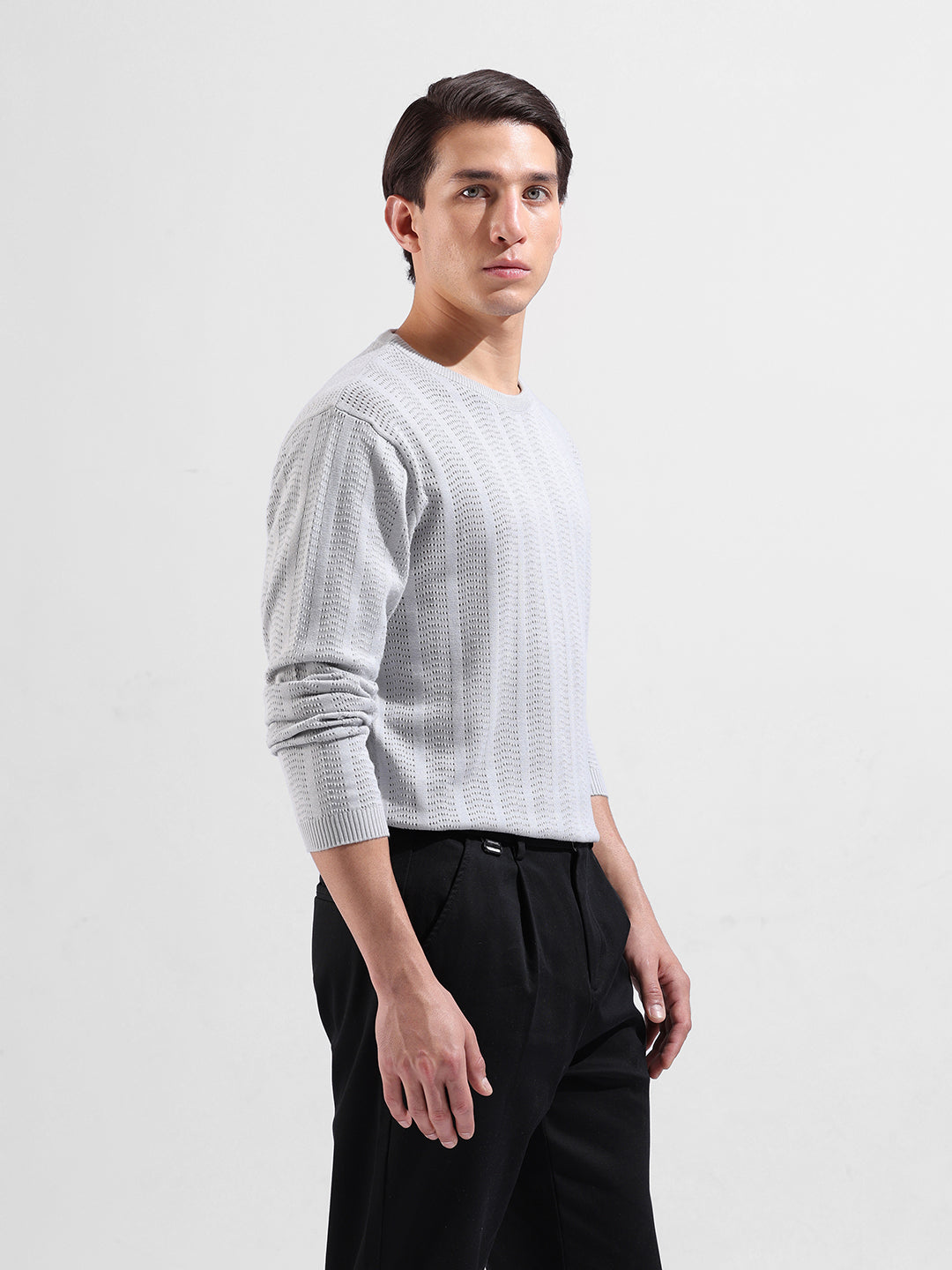Men's Grey Slim Fit Textured Flat Knit Crew Neck T-Shirt
