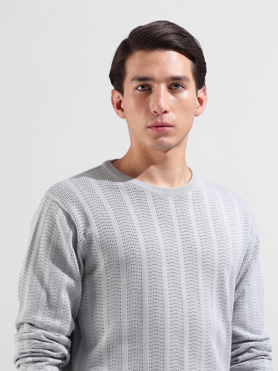 Men's Grey Slim Fit Textured Flat Knit Crew Neck T-Shirt