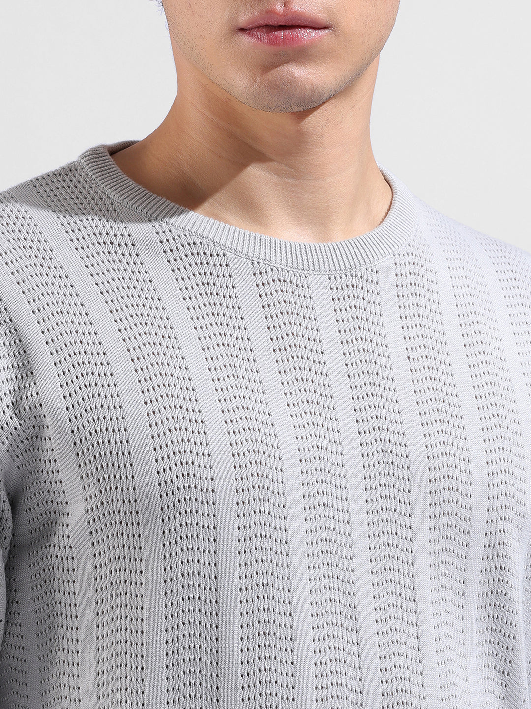Men's Grey Slim Fit Textured Flat Knit Crew Neck T-Shirt
