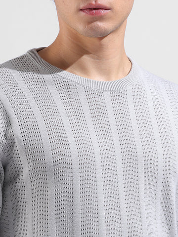 Men's Grey Slim Fit Textured Flat Knit Crew Neck T-Shirt