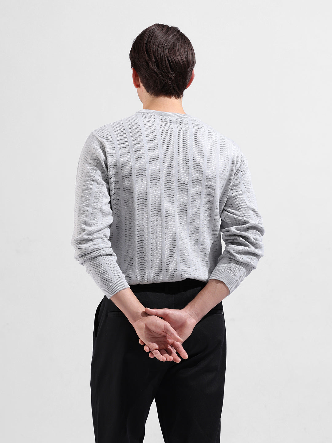Men's Grey Slim Fit Textured Flat Knit Crew Neck T-Shirt