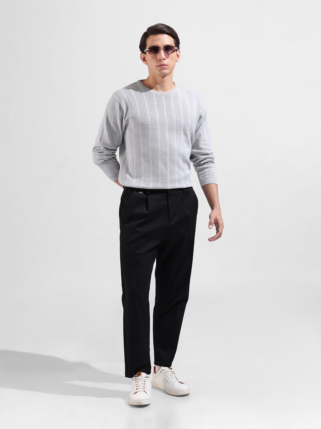 Men's Grey Slim Fit Textured Flat Knit Crew Neck T-Shirt