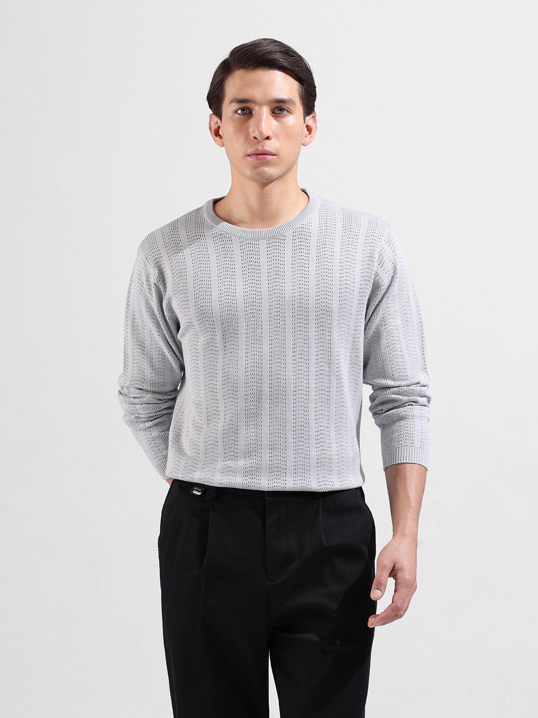 Men's Grey Slim Fit Textured Flat Knit Crew Neck T-Shirt