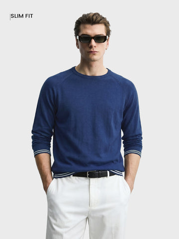 Men's Navy Blue Slim Fit Solid Flat Knit T-Shirt