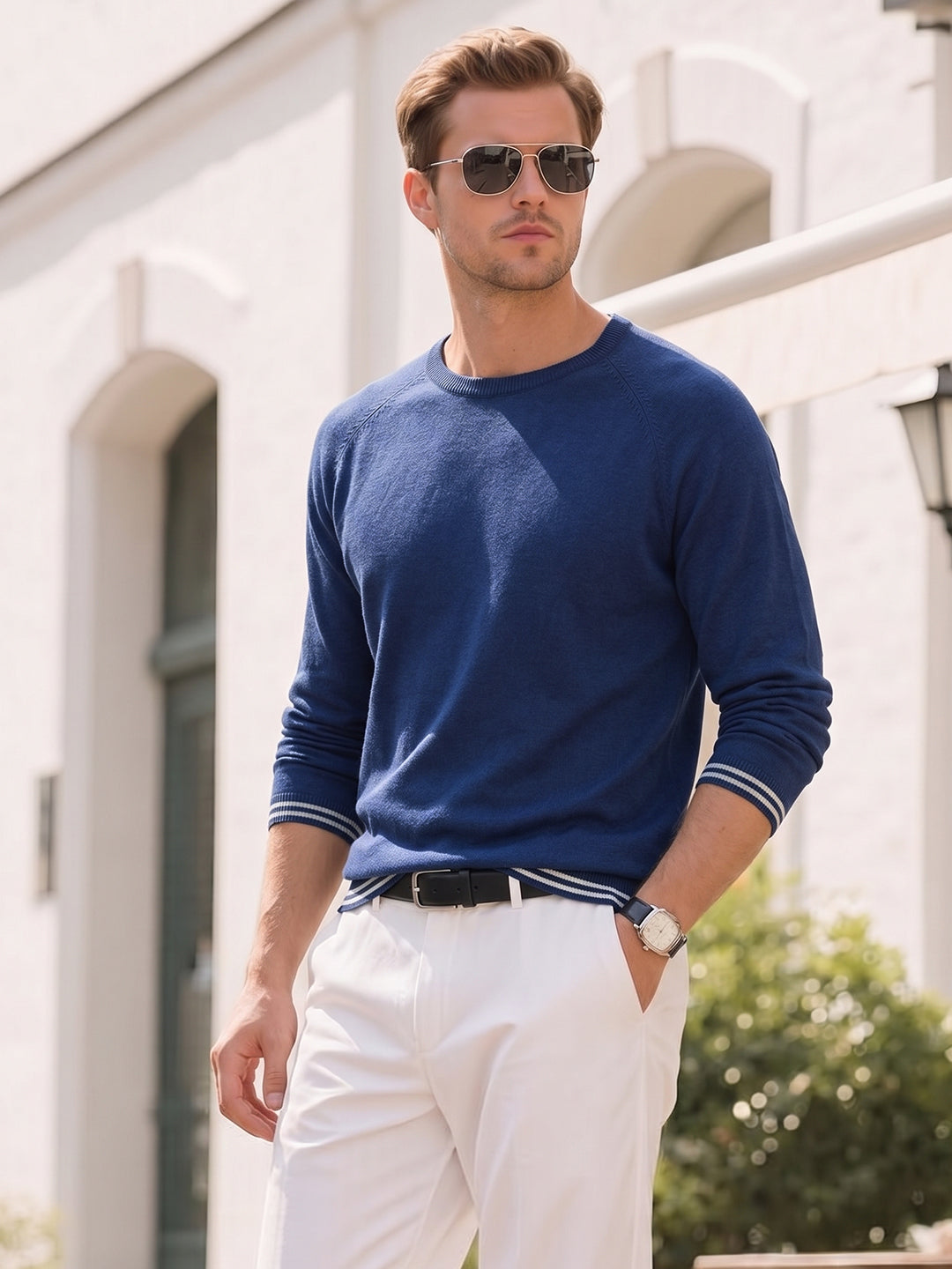 Men's Navy Blue Slim Fit Solid Flat Knit T-Shirt
