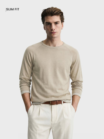 Men's Beige Slim Fit Solid Flat Knit T-Shirt