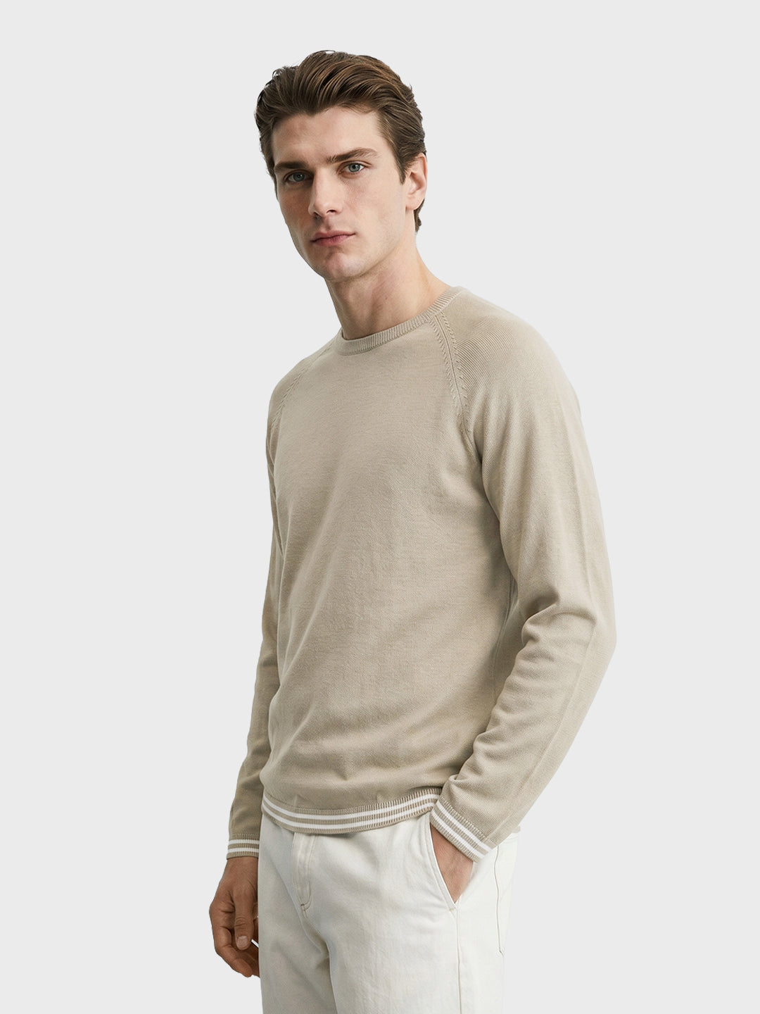 Men's Beige Slim Fit Solid Flat Knit T-Shirt