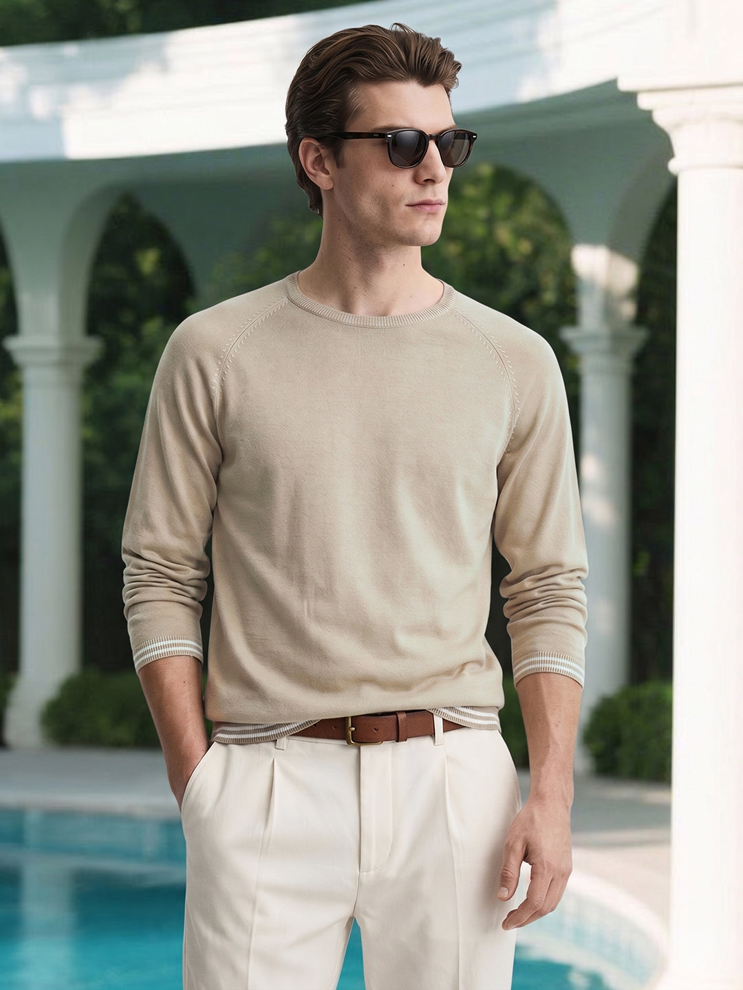 Men's Beige Slim Fit Solid Flat Knit T-Shirt