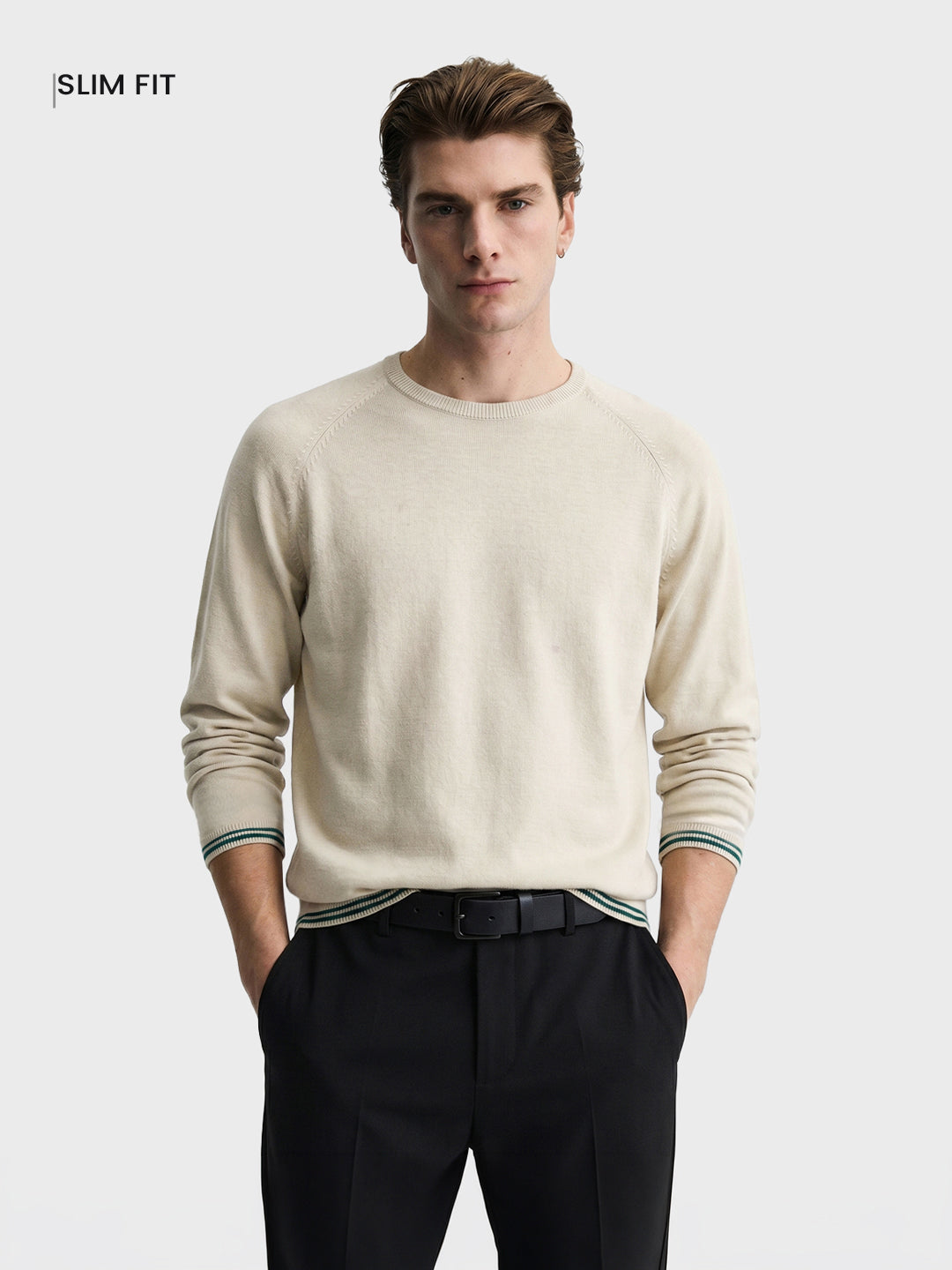 Men's Cream Slim Fit Textured Flat Knit T-Shirt