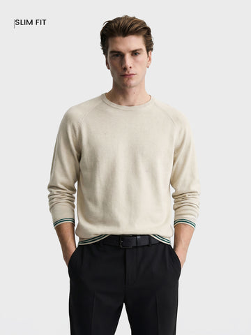 Men's Cream Slim Fit Textured Flat Knit T-Shirt