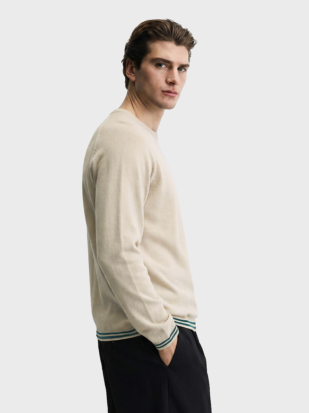 Men's Cream Slim Fit Textured Flat Knit T-Shirt